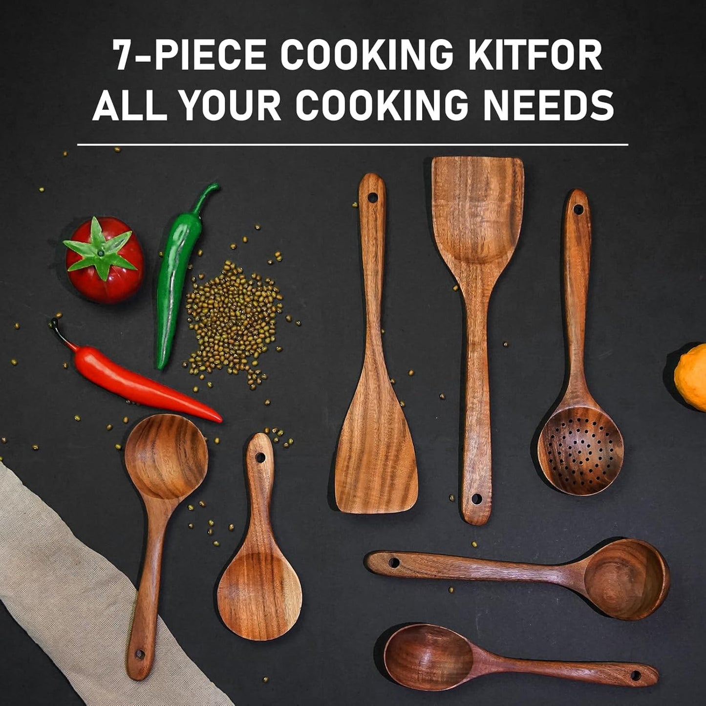 FJNATINH 7-Piece Nonstick Wooden Cooking Utensils Set, Natural and Healthy Kitchen Utensils(7 Pcs)