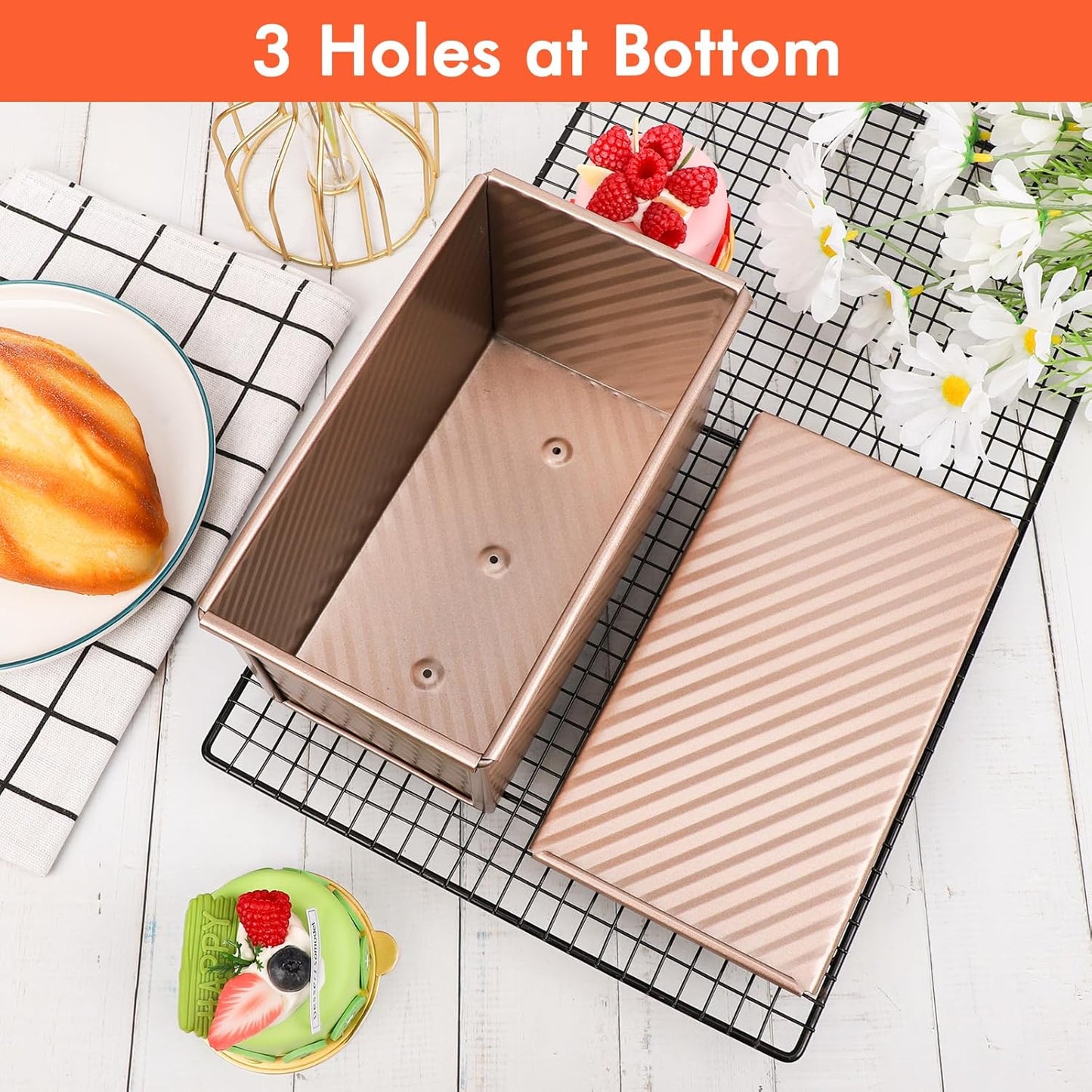 Beasea Pullman Loaf Pan with Lid, 1 Pack Non-Stick 1 lb Carbon Steel Bread Toast Box Baking Cake Mold with Cover for Homemade Bread Oven Baking - Rose Gold