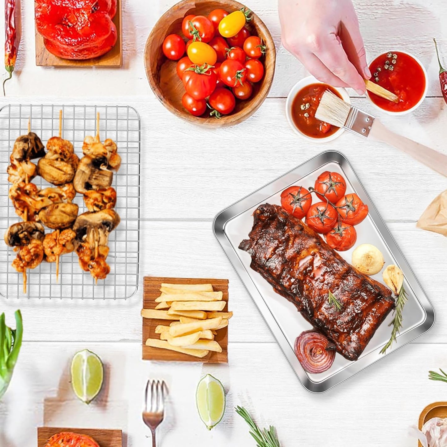 E-far Stainless Steel Baking Sheet with Wire Rack Set, 10.5” x 8.3” Cookie Sheet Baking Pan for Toaster Oven, Small Metal Tray with Cooling Rack for Cooking Roasting, Non-Toxic & Dishwasher Safe