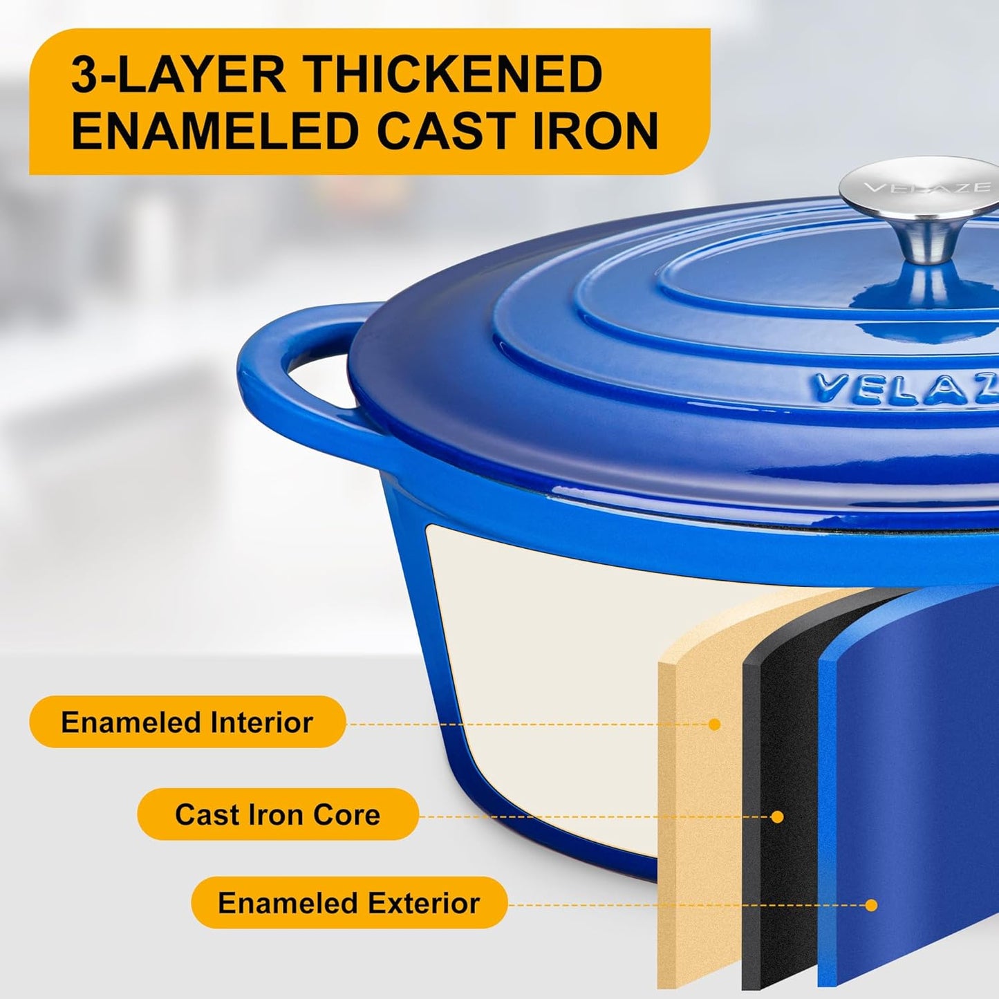 Velaze 7.5 QT Enameled Oval Dutch Oven Pot with Lid, Cast Iron Dutch Oven with Dual Handles for Bread Baking, Cooking, Frying, Non-stick Enamel Coated Cookware(Blue)