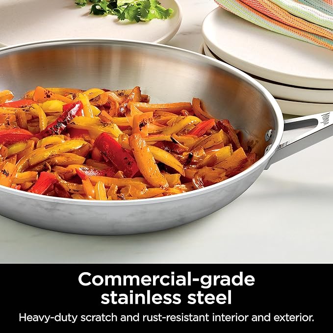 Ninja EverClad Commercial-Grade Stainless Steel 10.25" Fry Pan, Tri-Ply Pans, Oven Safe to 600°F, All Stovetops & Induction Compatible, Stainless, C90026
