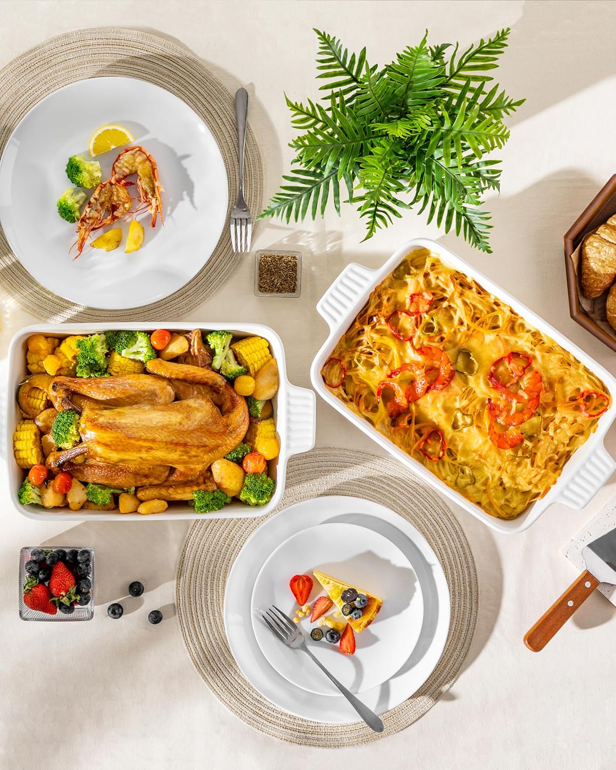 MALACASA 4.4 QT Baking Dish, 9x13 Large Casserole Dish for Oven, Ceramic Baking Pan, Rectangular Lasagna Pan Deep with Handles for Baking, Durable Microwave Oven Safe, Wedding Gift,White, Series BAKE-BAKE