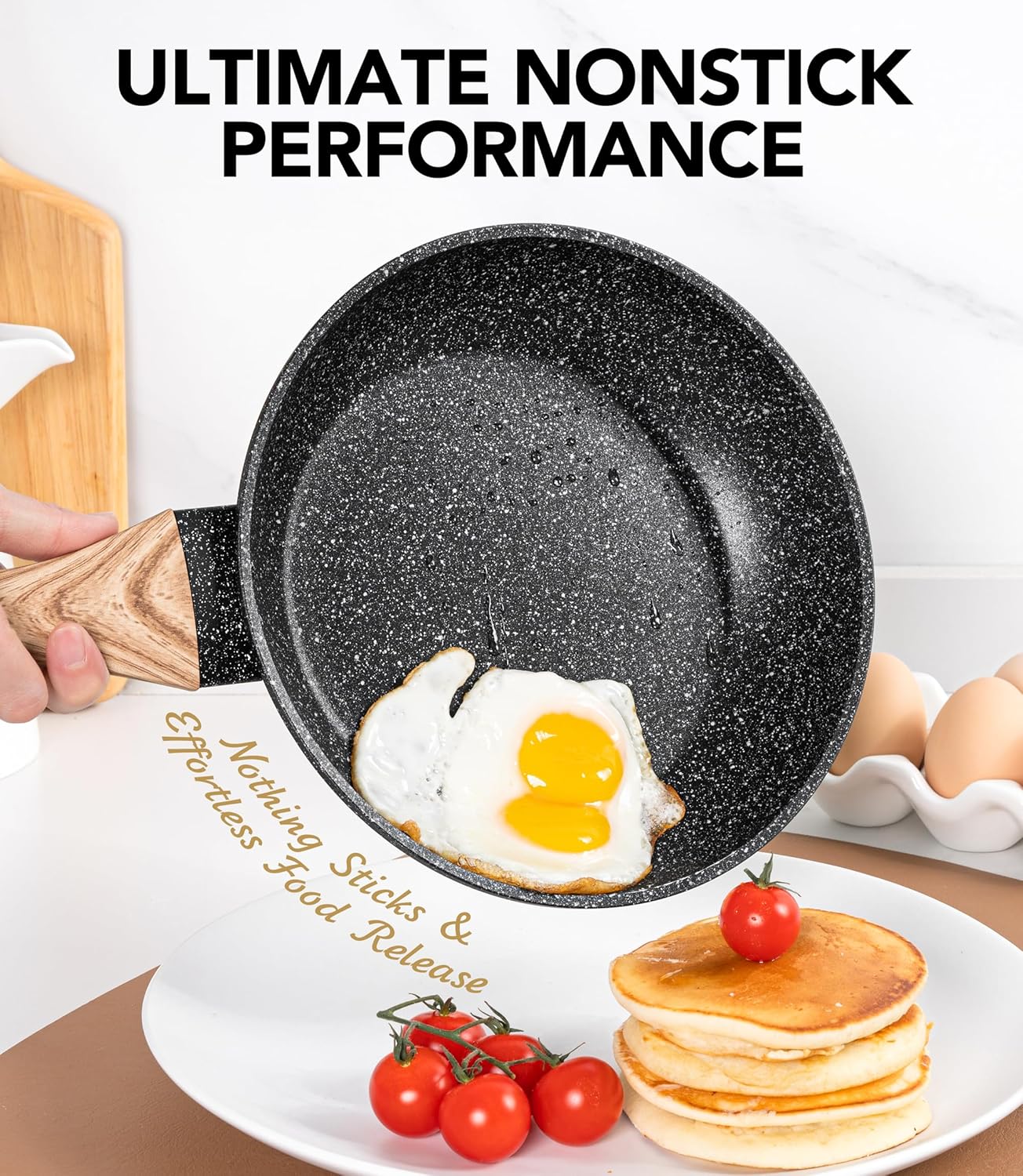 MICHELANGELO 10 Inch Frying Pan with Lid, Nonstick Frying Pan with Healthy Granite Coating, Nonstick Pan with Anti-Scald Handle, Induction Compatible