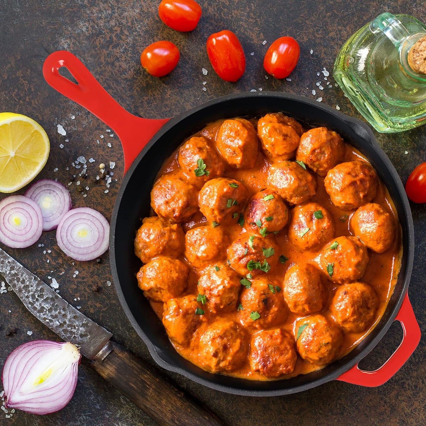 Utopia Kitchen Saute Frying Pan 12 Inch, Cast Iron Chefs Pan, Pre Seasoned Cast iron Skillet With Lid, Safe Grill Cookware for Indoor & Outdoor Use, Red