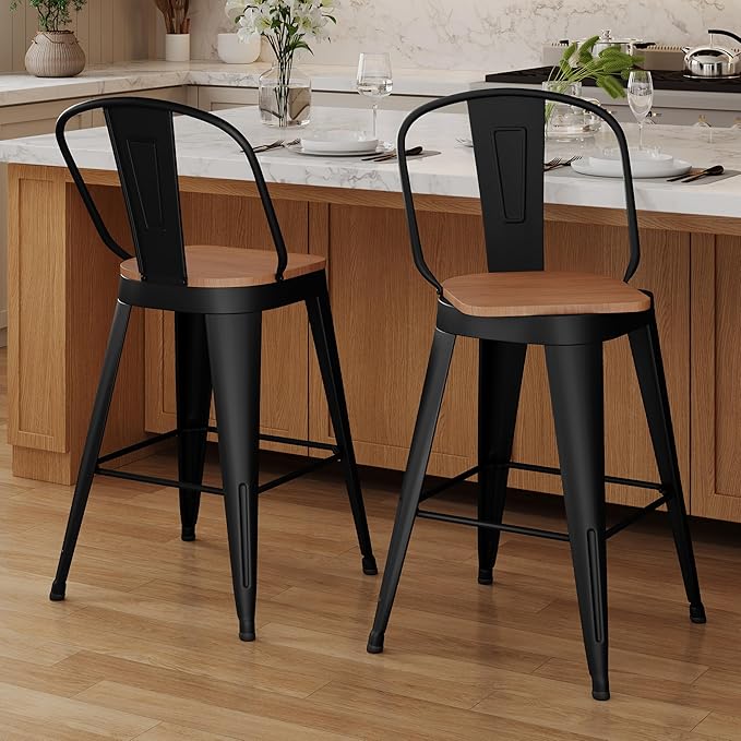 Aklaus Swivel Metal Bar Stools 30 inch Swivel Bar Height Barstools Set of 2 Modern Farmhouse Bar Chairs with High Backs and Large Wooden Seat for Kitchen Island Dining Room Matte Black