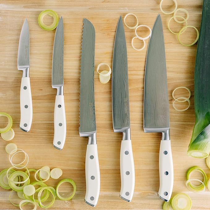 Yatoshi 12 Piece White Knife Block Set - Pro Kitchen Knife Set Ultra Sharp High Carbon Stainless Steel with Ergonomic Handle