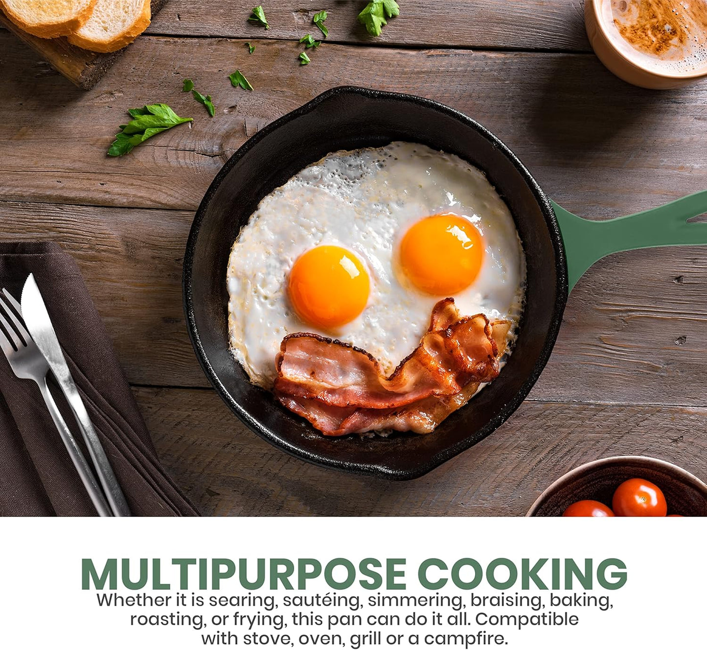 Utopia Kitchen Cast Iron Frying Pan 6.5 Inch, Cast Iron Chefs Pan, Pre Seasoned Skillet, Safe Grill Cookware for Indoor & Outdoor Use, Green