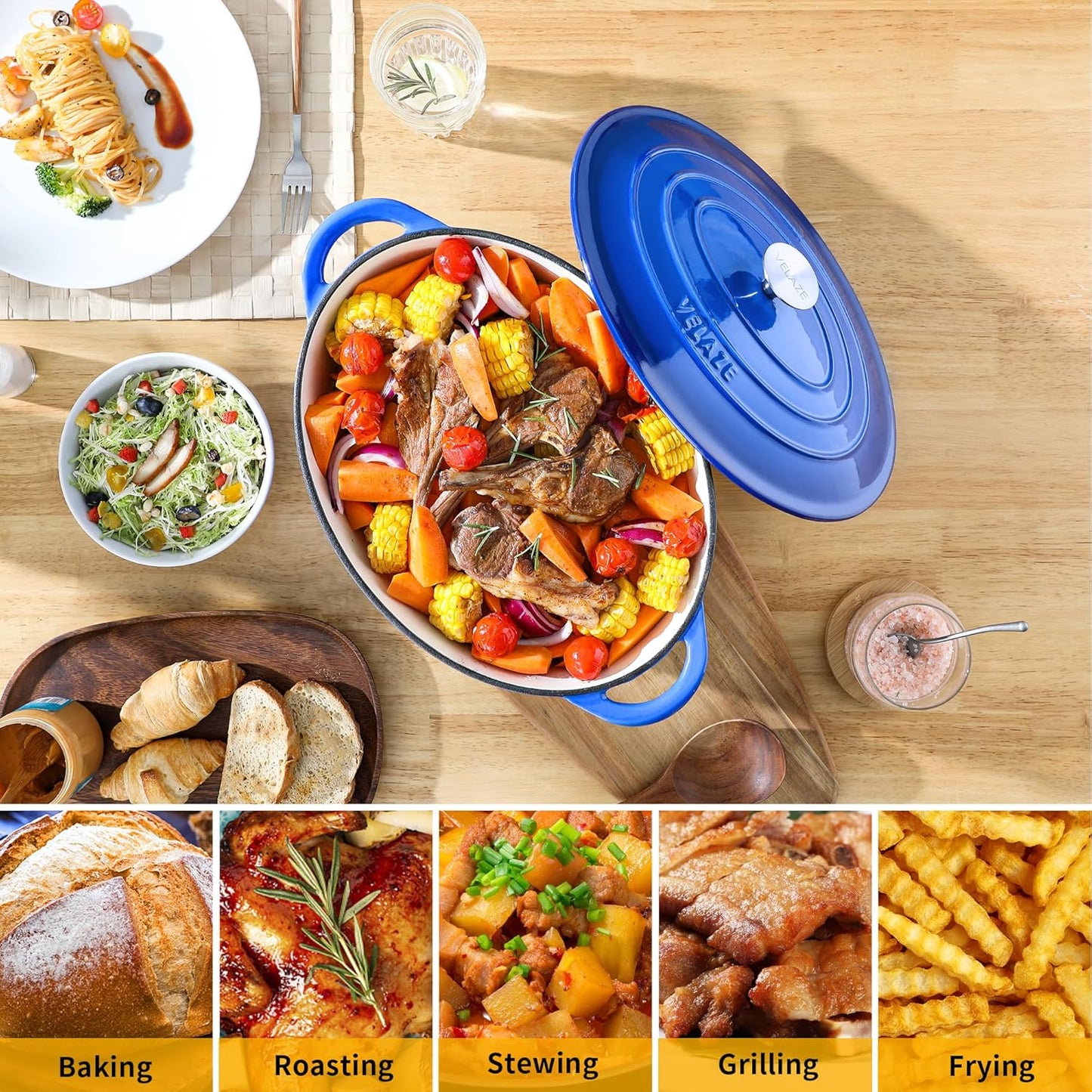 Velaze 7.5 QT Enameled Oval Dutch Oven Pot with Lid, Cast Iron Dutch Oven with Dual Handles for Bread Baking, Cooking, Frying, Non-stick Enamel Coated Cookware(Blue)