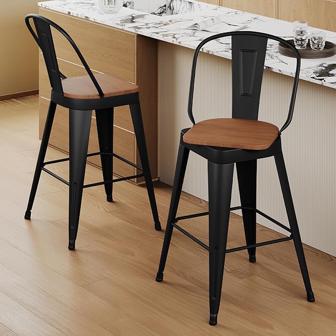Aklaus Swivel Metal Bar Stools 24 inch Swivel Counter Height Barstools Set of 2 Modern Farmhouse Bar Chairs with High Backs and Large Wooden Seat for Kitchen Island Dining Room Matte Black