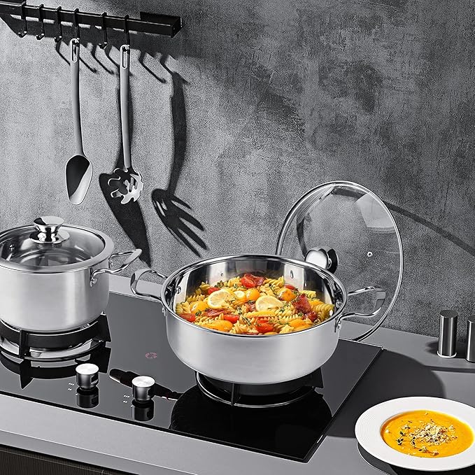 Stainless Steel Pots and Pans Set, 6 Piece Kitchen Induction Cookware Sets with Glass Lids, Works with Induction, Electric and Gas Cooktops, Non Toxic, Oven & Dishwasher Safe
