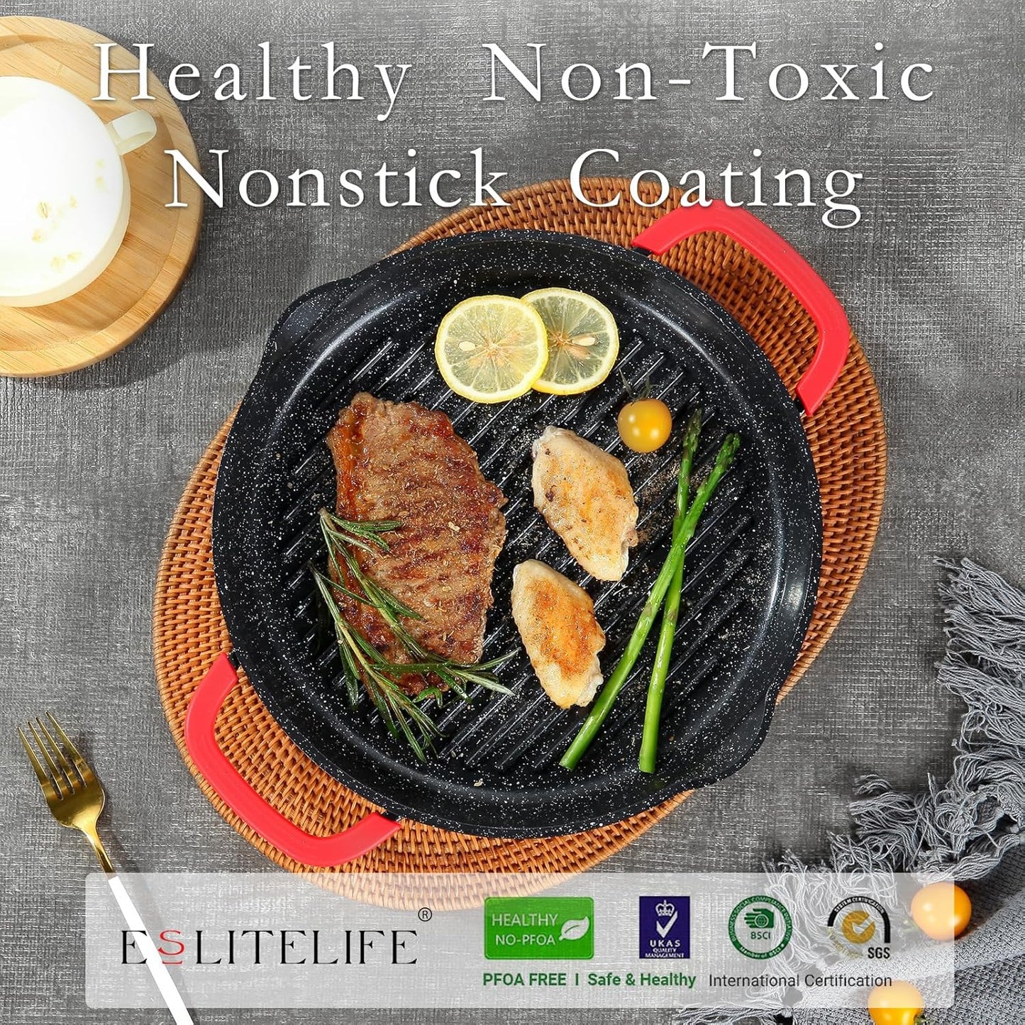 ESLITE LIFE Nonstick Grill Pan for Indoor Cooking, Versatile Induction Square Large Grilling Skillet Steak Pan for Stove Tops, PTFE & PFOA Free (Black, 11" w/Round & Lid & Tongs)