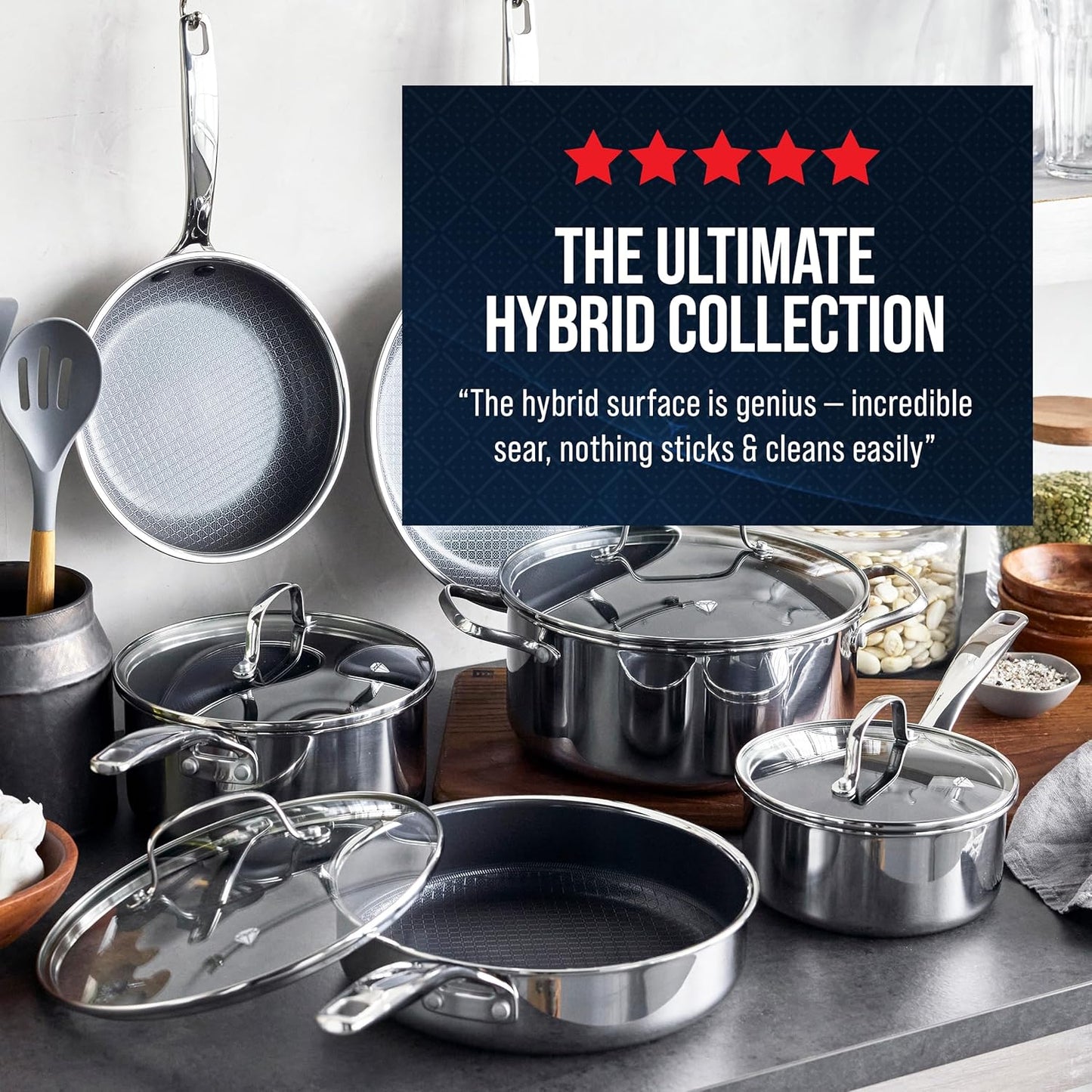 Blue Diamond Hybrid Nonstick Stainless Steel 12” Wok with Lid, PFAS-Free Ceramic Diamond Bond Stir-Fry Pan, Induction Ready, Dishwasher & Oven Safe, Metal Utensil Safe, Stay-Cool Handle, Silver