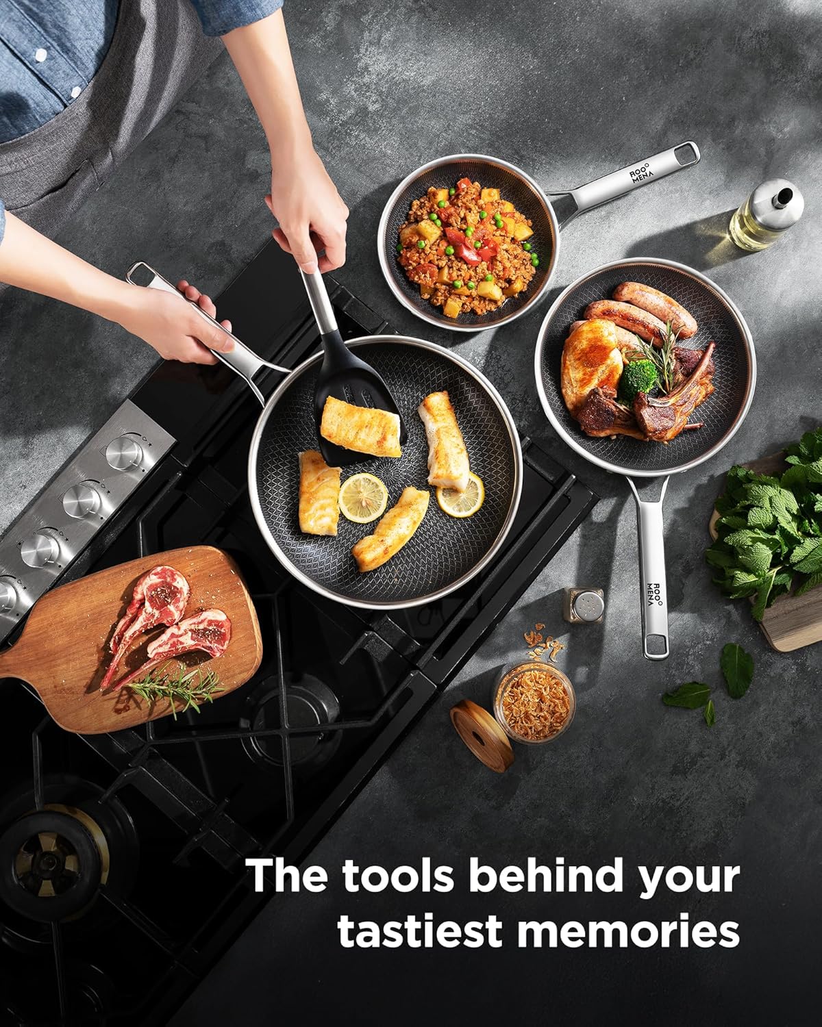 Nonstick Frying Pan Set, Non-Toxic Tri-Ply Hybrid Ceramic Skillet 3 Piece, 8, 10 & 12 Inch Stainless Steel Pans, PFAS/PFOA/PTFE Free, Metal Utensil Safe, Dishwasher & Oven Safe, Induction Compatible