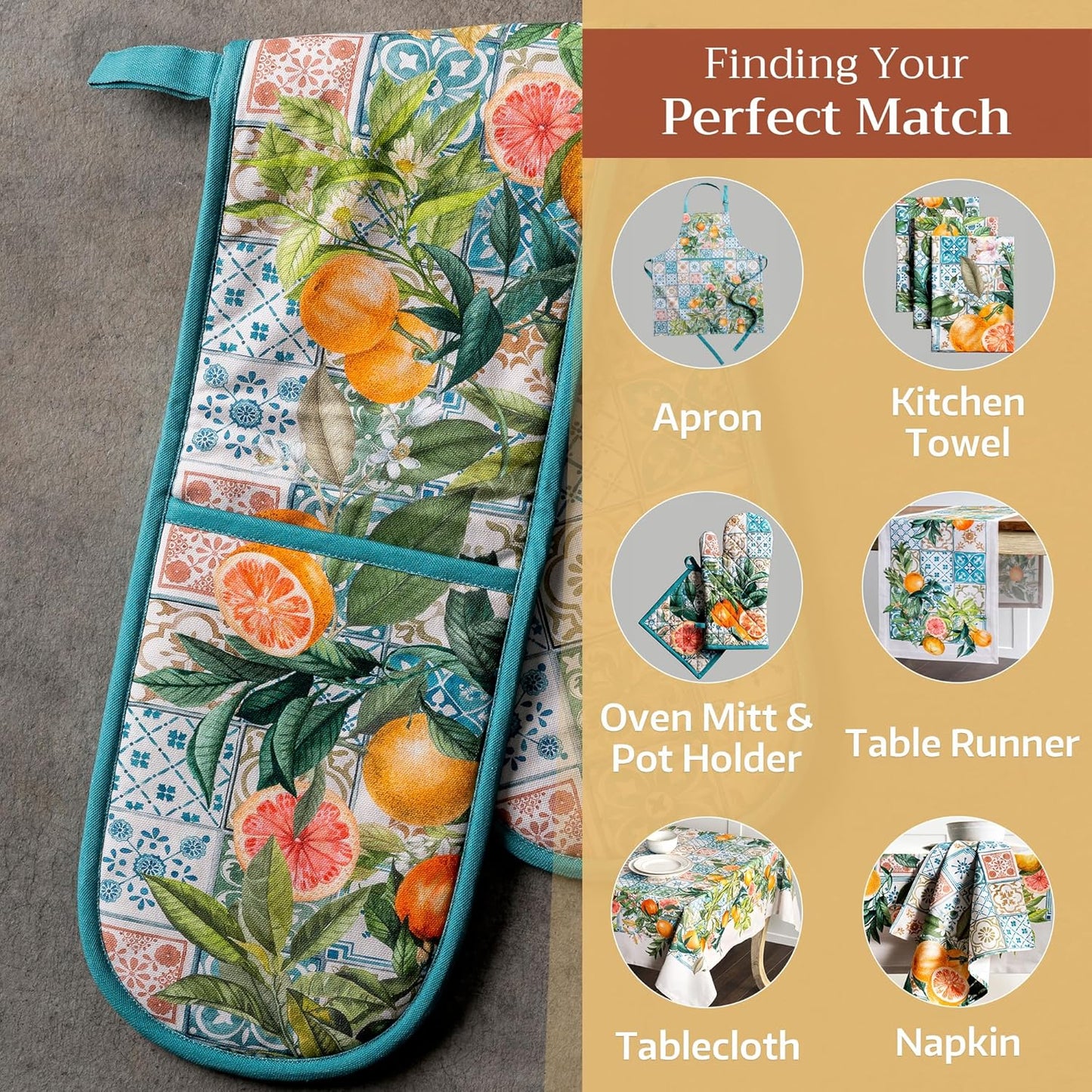 Maison d' Hermine Double Oven Mitts 100% Cotton 7"x35" Double Oven Mitt Heat Resistant BBQ Cooking Gloves with Loop, Baking, Grilling, Home, Kitchen, Handling Hot Pans Spring Summer (Agrume)