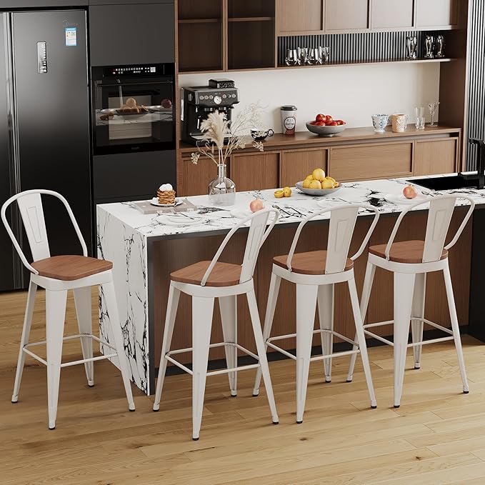 Aklaus Swivel Metal Bar Stools 30 inch Swivel Bar Height Barstools Set of 2 Modern Farmhouse Bar Chairs with High Backs and Large Wooden Seat for Kitchen Island Dining Room Cream White