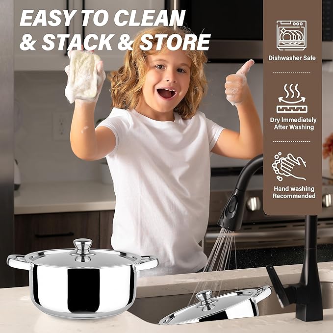 Stainless Steel 6-Piece Cookware Set: Mirror Polished, Induction Bottom, Straight Shape, SS Lids, Sturdy Handles and Knobs