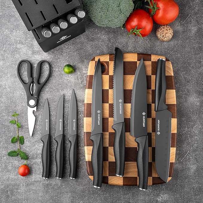 KUNYUAN Kitchen Knife Set, 15-Piece Knife Set with Self-Sharpening Block, Ergonomic Design, 6 Steak Knives, Anti-Slip Handle, Black