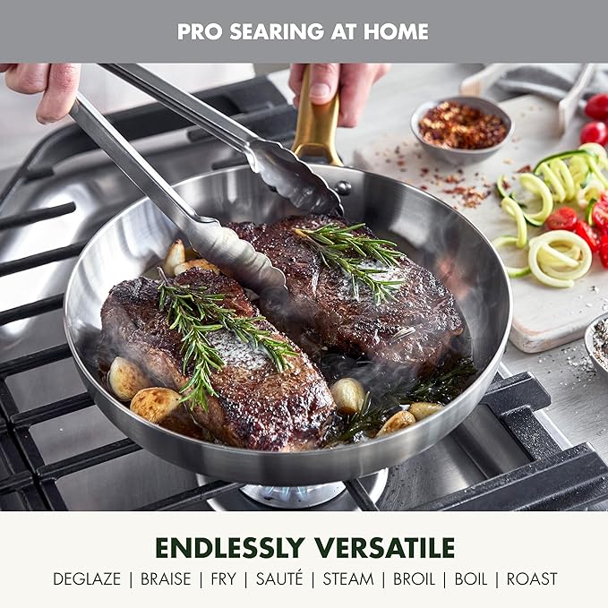 GreenPan Stainless Steel Tri-Ply Reserve 8” Frying Pan Skillet, Multiclad Cookware, PFAS-Free, Induction, Oven & Broiler Safe to 600°F, Heat Responsive Core, Dishwasher Safe, Gold Handle