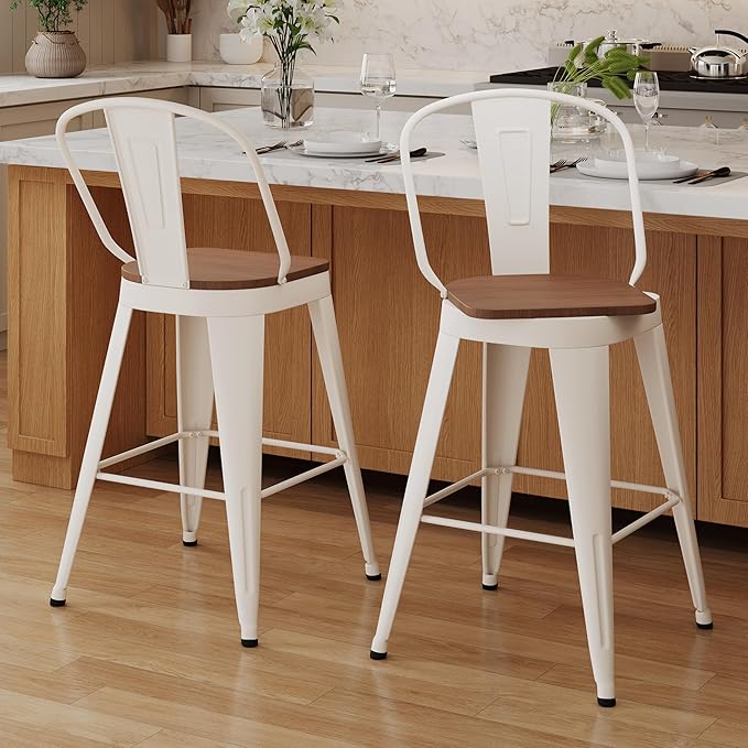 Aklaus Swivel Metal Bar Stools 26 inch Swivel Counter Height Barstools Set of 2 Modern Farmhouse Bar Chairs with High Backs and Large Wooden Seat for Kitchen Island Dining Room Cream White