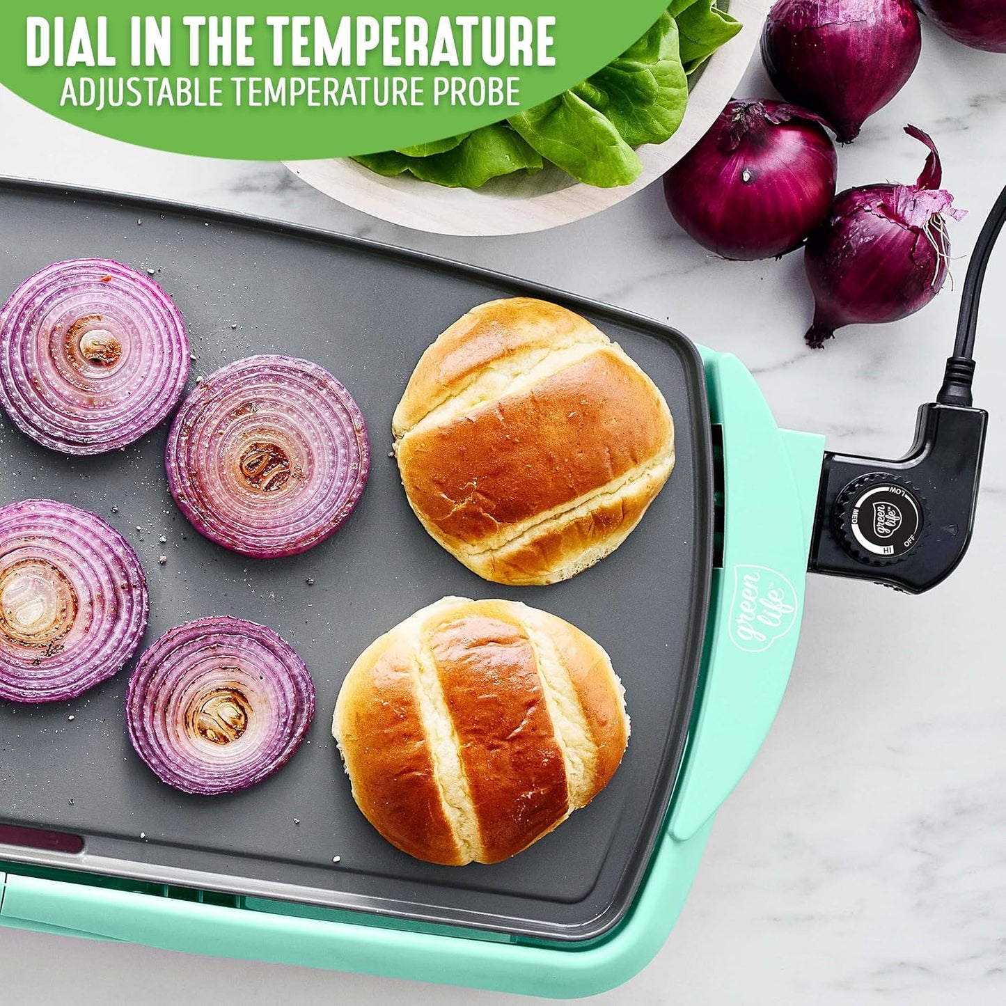 GreenLife 20” Extra Large Electric Griddle, Non-Toxic PFAS & PFOA-Free Ceramic Nonstick, Temperature Control, Quick Even Heating, Removable Drip Tray, Pancakes, Eggs, Sausage, Easy Clean, Turquoise