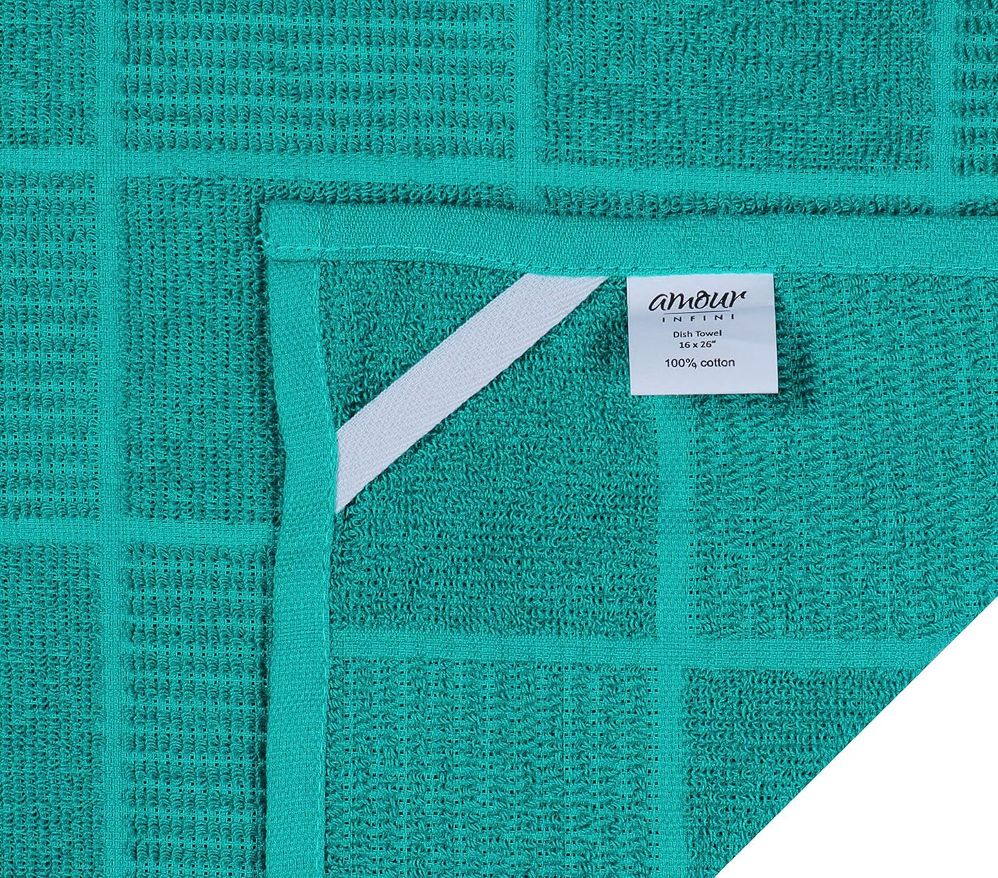 AMOUR INFINI Kitchen Towels Pack of 4 Absorbent, Quick Drying Premium Terry Cotton Dish Towel with Hanging Loop 16x28 Inch Hand & Tea Towels (Teal)