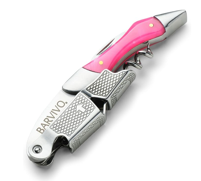 Barvivo Wine Opener with Foil Cutter and Cap Remover - Double Hinged Corkscrew for Bartenders - Stainless Steel Wine Key for Easy Bottle Opening - Manual Wine Bottle Opener - Pink Resin, 4.7x1.2-Inch