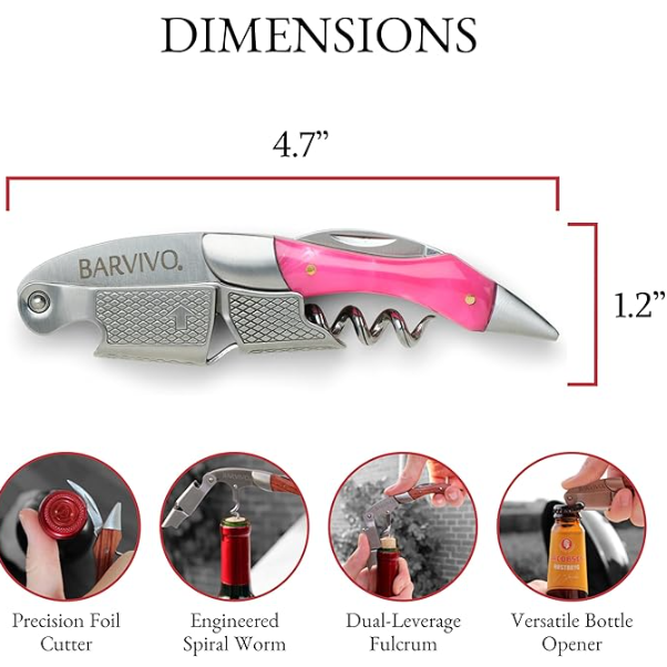 Barvivo Wine Opener with Foil Cutter and Cap Remover - Double Hinged Corkscrew for Bartenders - Stainless Steel Wine Key for Easy Bottle Opening - Manual Wine Bottle Opener - Pink Resin, 4.7x1.2-Inch