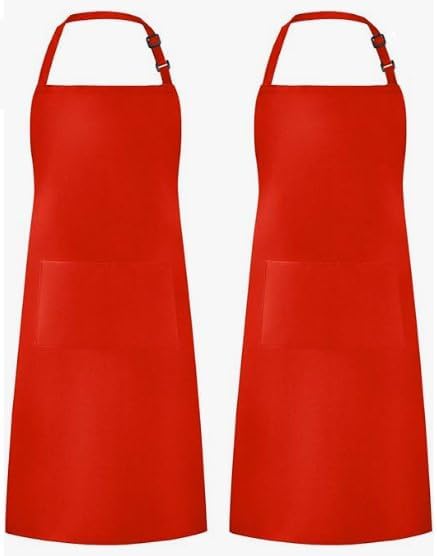 Will Well Kitchen Apron for Men and Women - 33" x 27" Oil-and-Water-Resistant with Adjustable Neck Strap and 38" Waist Ties for a Snug Fit, Lightweight with 2 Front Pockets - 2-Pack, Red
