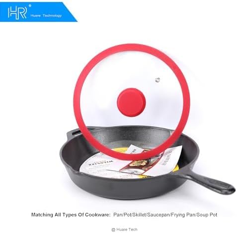 Silicon Glass Lid for Pot,Pan,Skillet Fits 8"(20CM) Cookware Silicon lid Dishwasher Safe, Replacement Lid Vented Tempered Glass with Heat Resistant Silicone Rim By HR Huare Technology, Red,1 Pack…