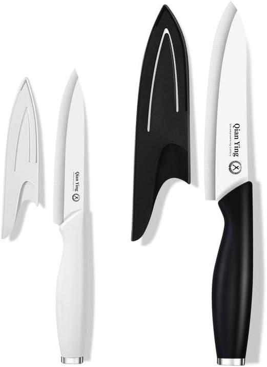 Ceramic Knife Set for Kitchen with Sheath: 100% Zirconia Pure Ceramic Sharp Blade Fruit Cutting Knives 2Pcs with Cover Rustproof Clean Cut Edge White and Black, No Scratches on Titanium Cutting Boards