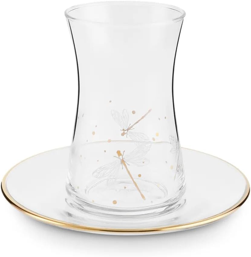 KARACA Yusufcuk Glass Elegant Tea Glass Set of 6 - (12 Piece) Clear Turkish Tea Cup Glasses and Saucers, 5.74 oz Curved Design Drinkware Cups