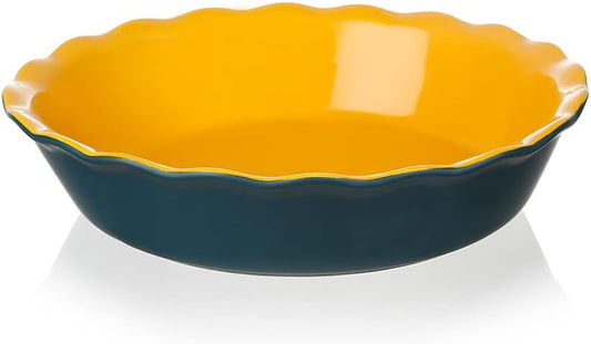 Sweejar Ceramic Pie Pan, 10 Inch Round Baking Dish, Non-Stick with Soft Wave Edge for Apple, Pumpkin, Pot Pies (Blue&Yellow)