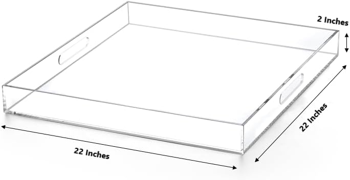 Extra Large Clear Modern Acrylic Ottoman Tray with Cutout Handles 22x22 Inch Over-Sized Serving Tray Organizer Boot Tray Decorative Tray for Living Room Bedroom Entryway and Kitchen Tabletop
