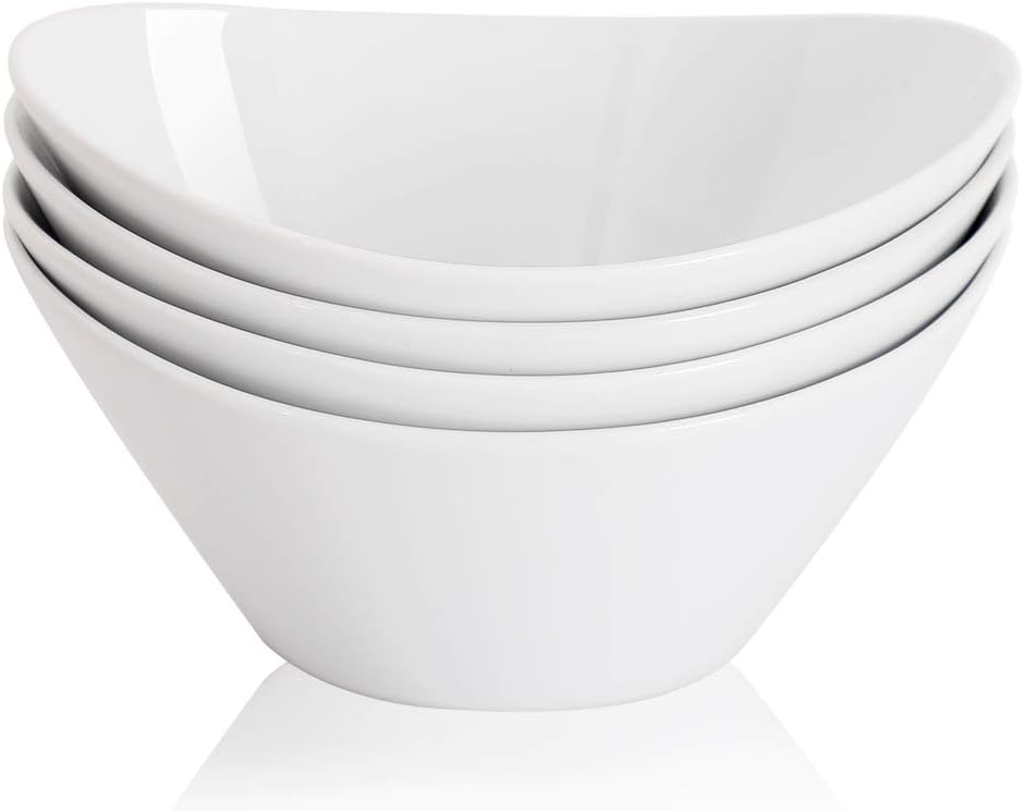 Porcelain Salad Bowls, 38 Ounce pasta bowls set of 4, 8 inch White serving bowls for cereal, soup, ramen, snacks, rice, Oven Dishwasher Safe