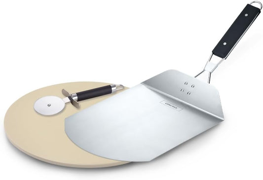Concord 3 Piece Pizza Stone, Pizza Peel, Pizza Cutter, with Cordierite Heatwell Technology (Pizza set)