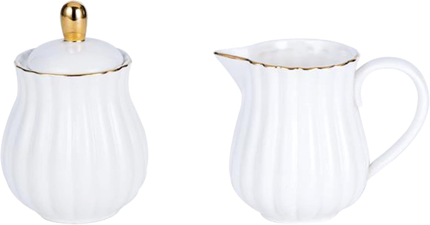 Jusalpha Fine China Pink Teapot and Creamer Sugar Bowl Set, TW (White)