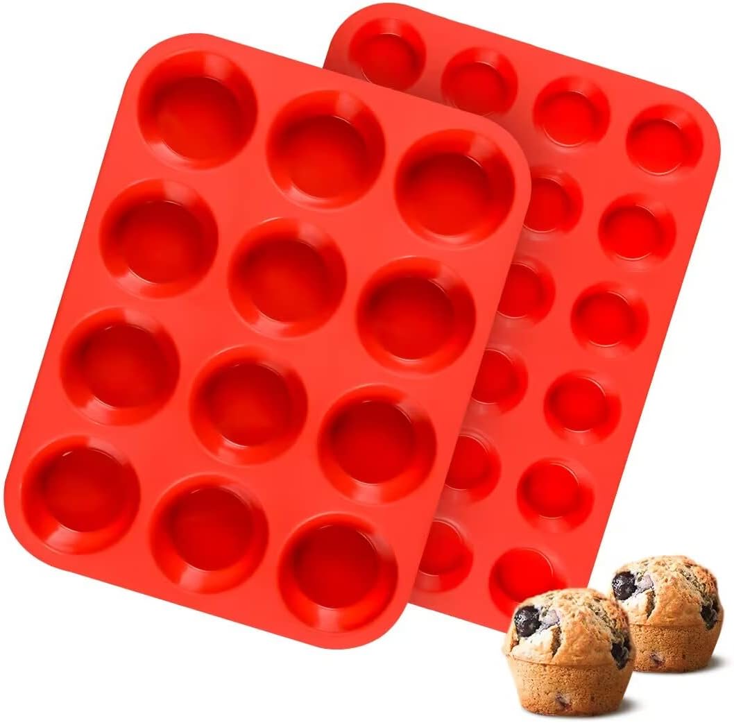 CAKETIME Silicone Muffin Pan, Mini Muffin Pan, Regular 12 Cups and Mini 24 Cups Cupcake Tin Set of 2 for Baking Egg Bites