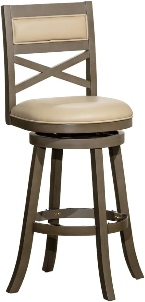 DTY Indoor Living Meeker X Back Fabric Swivel Stool, 30” Bar Height, Weathered Grey Finish, French Gray Leather Seat