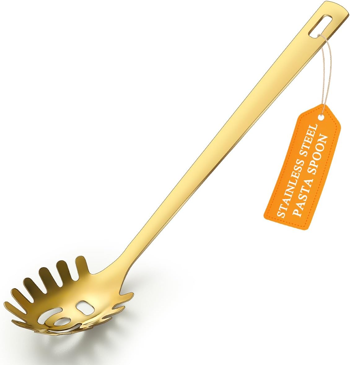 Gold Spaghetti Spoon, ReaNea Pasta Server, Stainless Steel Pasta Spoon with Teeth, One-Piece Metal Pasta Fork, Noddle Fork Gold Kitchen Accessories Utensils, Heat Resistant, Dishwasher Safe