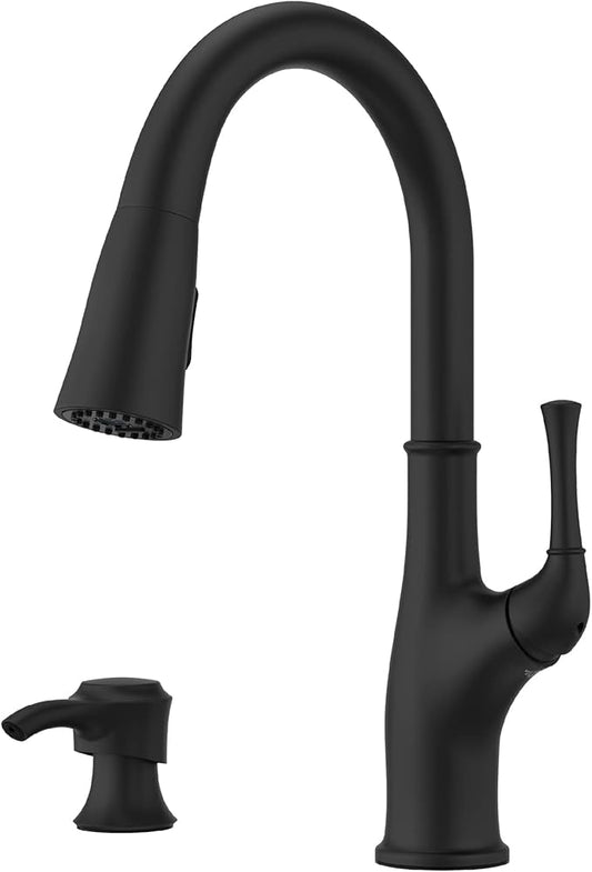 Pfister Alderwood Kitchen Faucet with Pull Down Sprayer and Soap Dispenser, Single Handle, NSF Certified, Matte Black Finish, F5297AWB