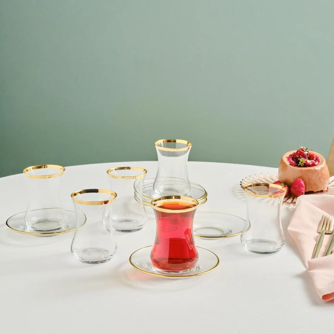 KARACA Sydney Glass Turkish Tea Set for 6 People, Gold, 12 Pieces Tea Service, 6 Turkish Tea Glasses with Saucers, Glass, 5.4 fl oz Tea Plates/Saucers