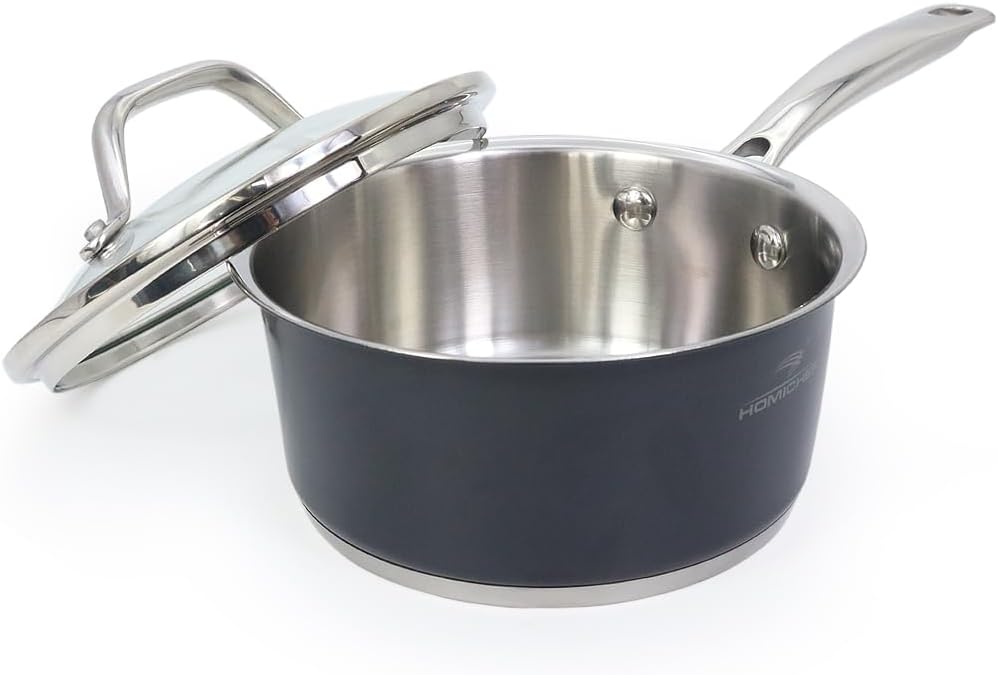 HOMICHEF 1 QT Nickel Free Stainless Steel Saucepan Coating Free - Navy Gray Healthy Non Toxic Small Pot Induction - Stainless Steel Saucepan with Glass Lid