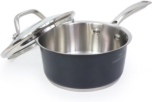 HOMICHEF 1 QT Nickel Free Stainless Steel Saucepan Coating Free - Navy Gray Healthy Non Toxic Small Pot Induction - Stainless Steel Saucepan with Glass Lid