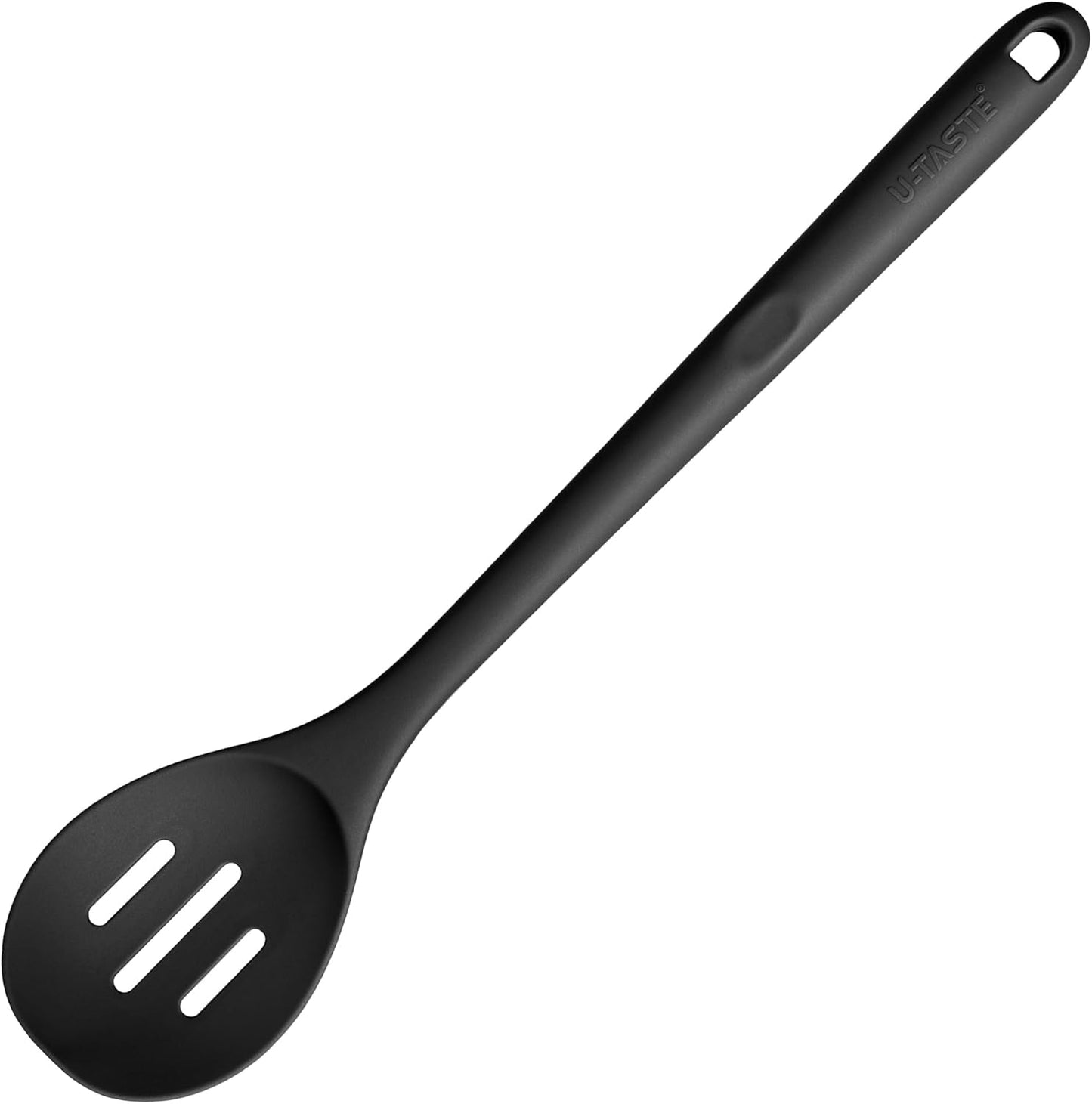 600ºF Heat Resistant Slotted Spoon: U-Taste 13.3in Solid Kitchen Cooking Spoon, Nonstick Food Grade Large & Long Rubber Utensil for Mixing, Serving, Stirring, Basting, Frying, Draining (Black)