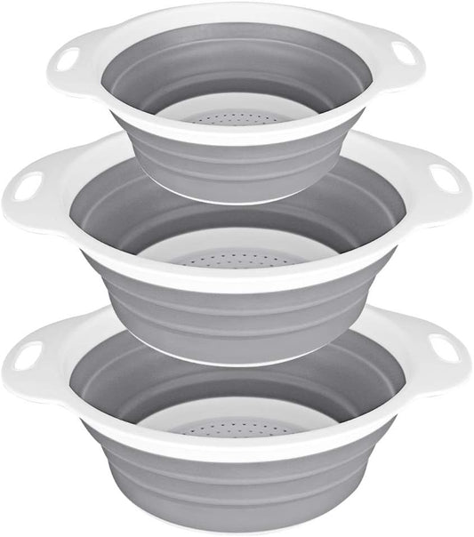 QiMH Collapsible Colander and Strainer Set of 3-2 PC 4 Quart(1 gal) and 1 PC 2 Quart(0.5 gal) - BPA Free & Dishwasher-safe Silicone Kitchen Foldable Strainer for Pasta, Veggies