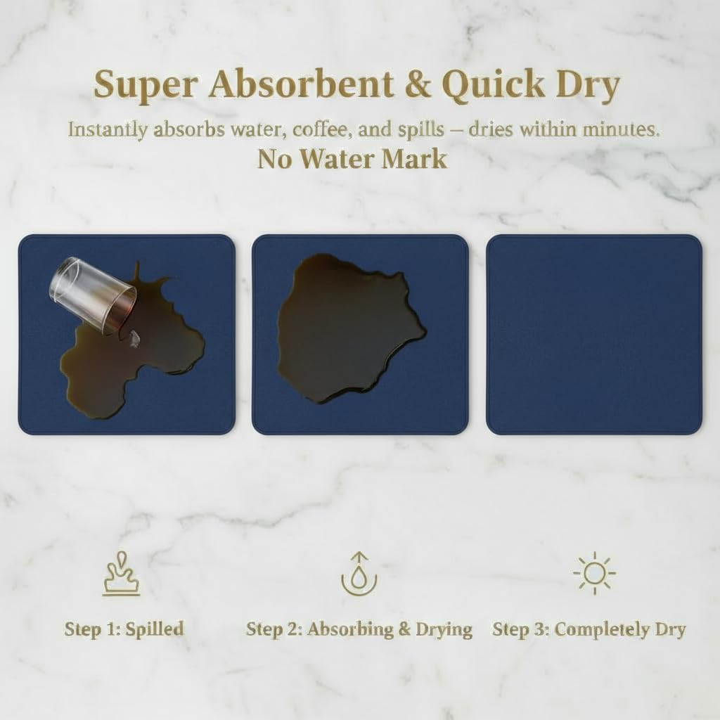 Dish Drying Mat Super Absorbent – 17" x 31" Coffee Mat for Countertops – Non-Slip Drying Mat for Kitchen Counter – Easy to Clean Water Absorbent Mat – XLarge Dish Drying Mats (Navy Blue)