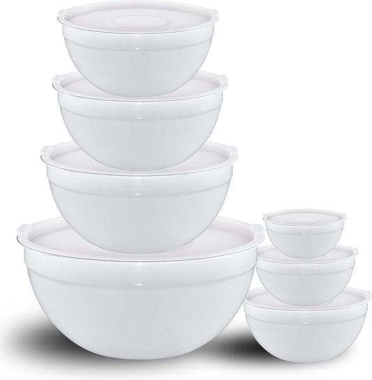 White Mixing Bowls with Lids Set of 7, Stainless Steel Nesting Bowl with Khaki Lid for Non-slip Mixing Prepping Storing Serving, 7 Sizes-7/3.6/2.7/2.1/1.5/1/0.8 QT