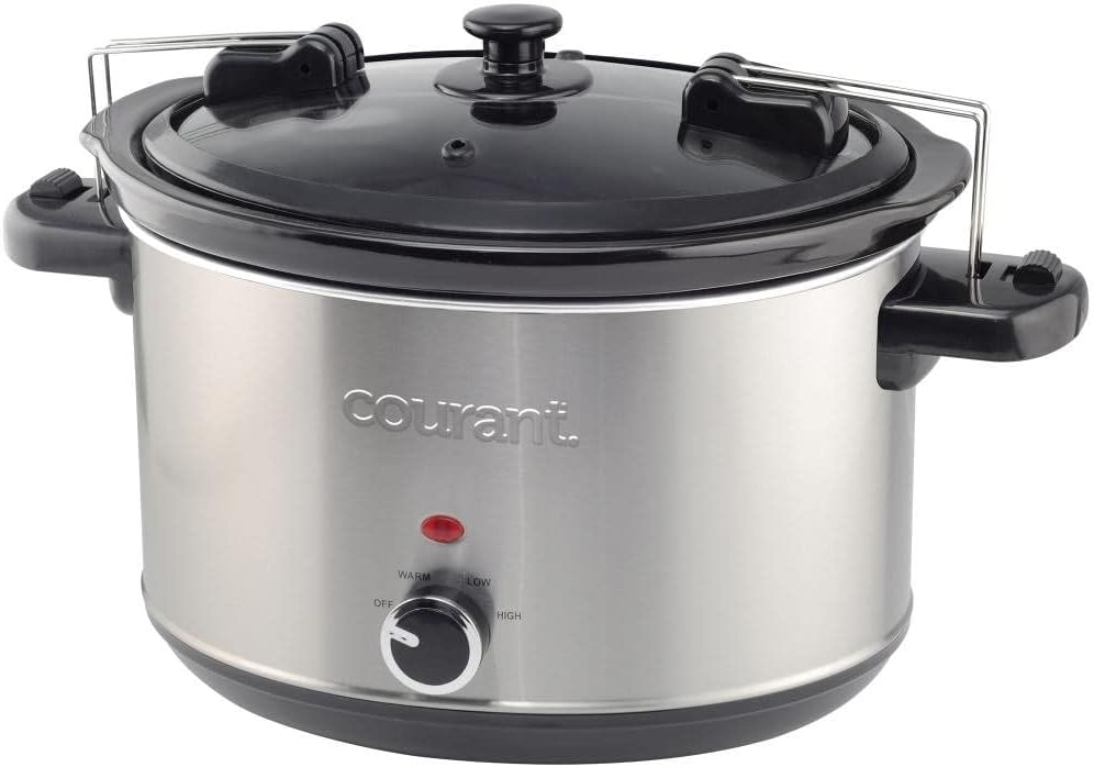Courant 6-Quart Slow Cooker with Locking Lid, Warm Settings, Stainproof Stoneware Pots and Glass Lids – Stainless Steel