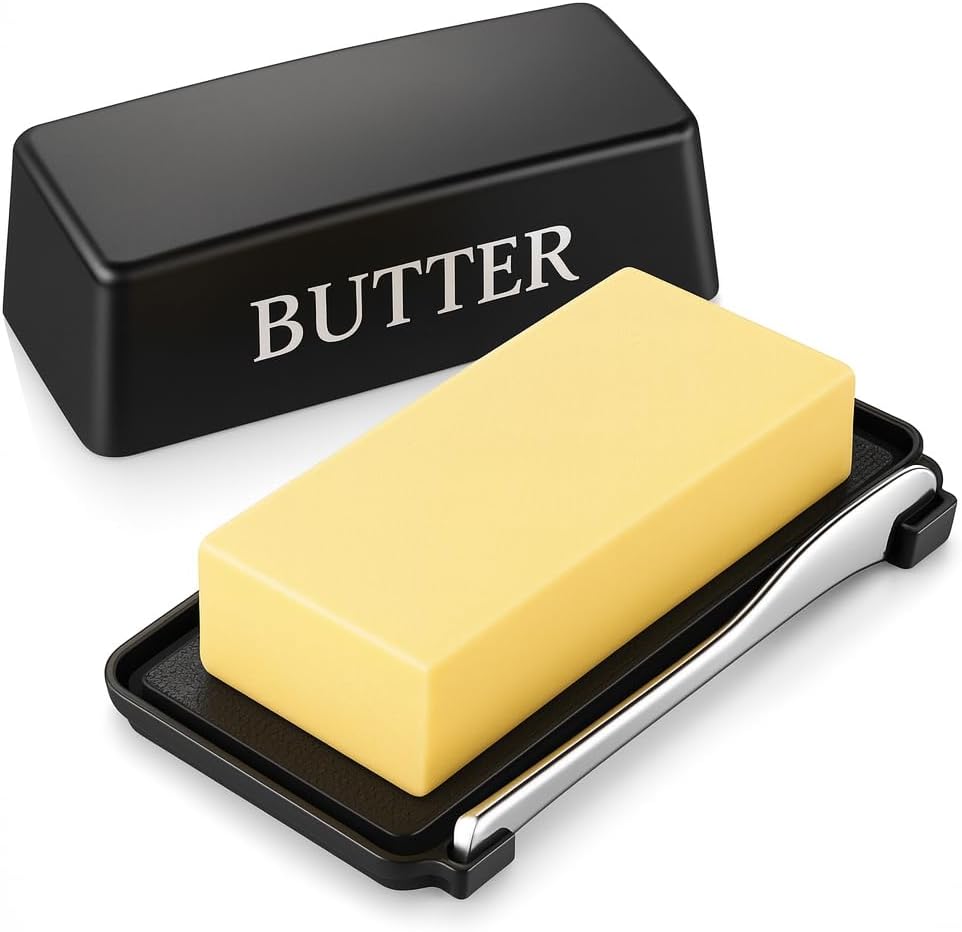Butter Dish With Cover And Knife,Food Grade Plastic Butter Holder With Lid For Countertop,Black Dishwasher Safe Butter Storage Container