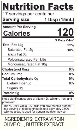 Blazing Bella Butter Olive Oil (Extra Virgin 8.45 Fl Oz) Replace butter in your cooking, grilling, popcorn, and create remarkable and memorable dishes